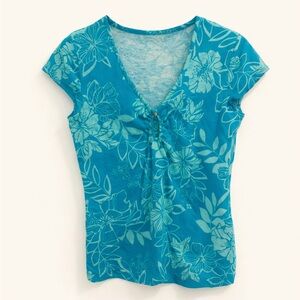 H&M Floral Cotton Keyhole Top Teal Blue Green Short Sleeve Size M